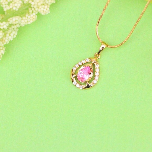 "Teardrop Pink Stone Pendant with Sparkling Accents in Gold Finish, XPPT1799 - Picture 13 of 13